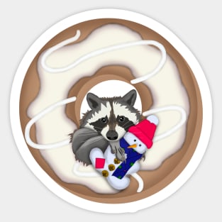 Raccoon with Snowman and Donut. Christmas design. Sticker